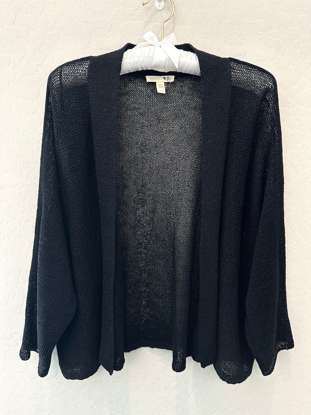 EILEEN FISHER Black Linen Blend Open Cardigan  Lightweight Minimalist | Large